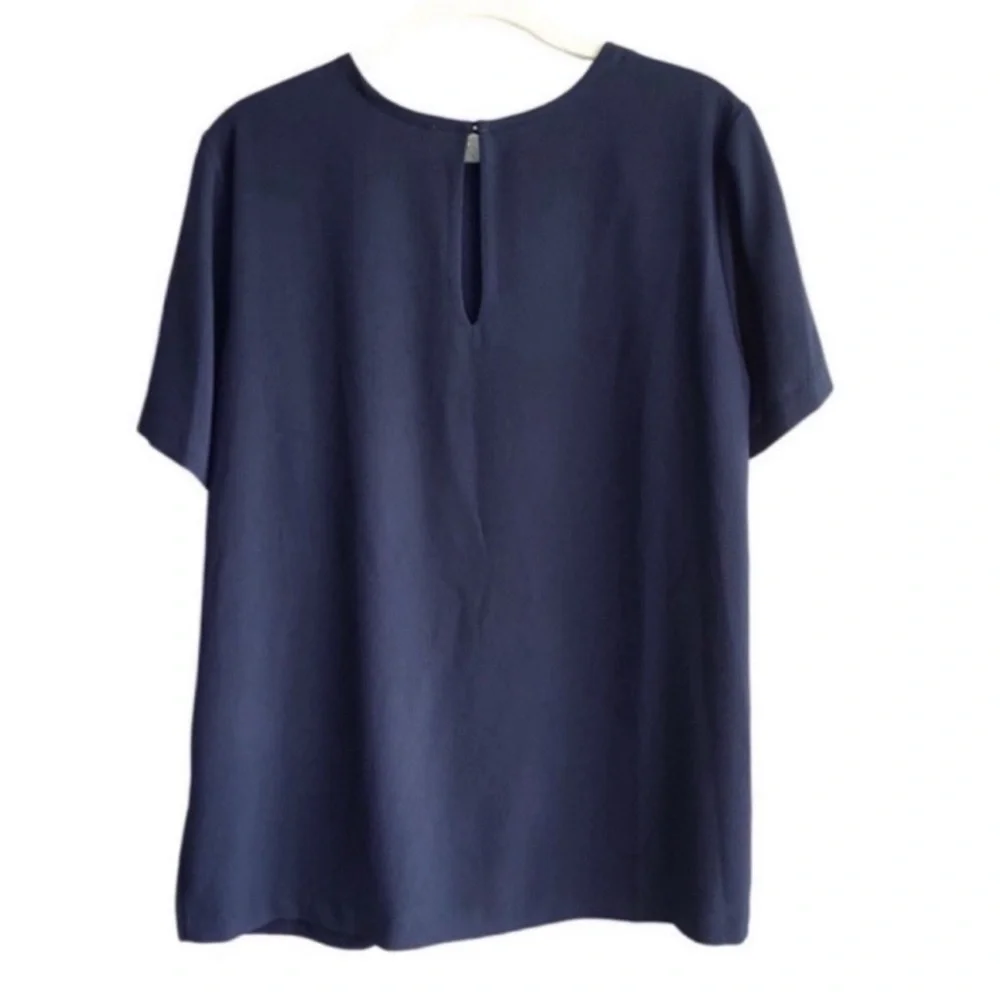 NEW Michael Kors Short Sleeve Crepe Blouse Laced Detail Navy Blue Gold Size M